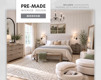 May include: A pre-made interior design bedroom concept featuring a bed with neutral bedding, a wooden bench, a patterned area rug, a dresser, two nightstands, a chandelier, wall sconces, a round chair, and an ottoman with text PRE-MADE INTERIOR DESIGN BEDROOM.