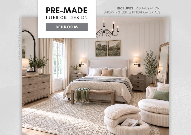 May include: A pre-made interior design bedroom concept featuring a bed with neutral bedding, a wooden bench, a patterned area rug, a dresser, two nightstands, a chandelier, wall sconces, a round chair, and an ottoman with text PRE-MADE INTERIOR DESIGN BEDROOM.