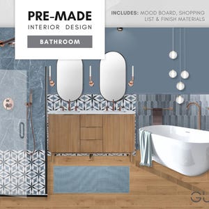 Pre-made Dusty Blue Bathroom: Modern Interior Design - Mood Board, Shopping List & Paint, Finish Materials
