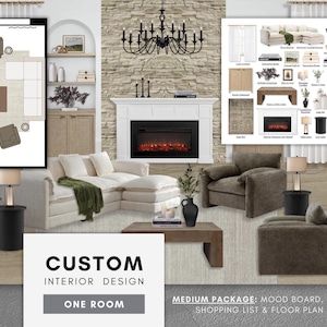 Può includere: Mood board di interior design con layout del soggiorno, mobili e decorazioni. Include un divano componibile, una poltrona, un camino, un lampadario e una planimetria. Il testo recita "CUSTOM INTERIOR DESIGN ONE ROOM".