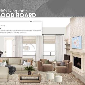 K&ouml;nnte beinhalten: Ein Wohnzimmer-Moodboard mit einem beigen Ecksofa, zwei braunen runden Sesseln, einem Couchtisch aus Holz, zwei wei&szlig;en Hockern und einem Kamin mit Einbauregalen. Der Text lautet Katie's living room MOOD BOARD sowie eine Bewertung.