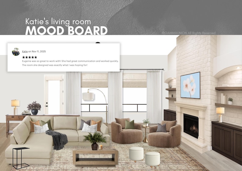 K&ouml;nnte beinhalten: Ein Wohnzimmer-Moodboard mit einem beigen Ecksofa, zwei braunen runden Sesseln, einem Couchtisch aus Holz, zwei wei&szlig;en Hockern und einem Kamin mit Einbauregalen. Der Text lautet Katie's living room MOOD BOARD sowie eine Bewertung.