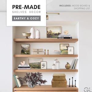 Pre-Made Shelf Styling: Modern Earthy Shelves Decor with Aesthetic Mood Board & Curated Accessories Shopping List - Home Interior Decorating