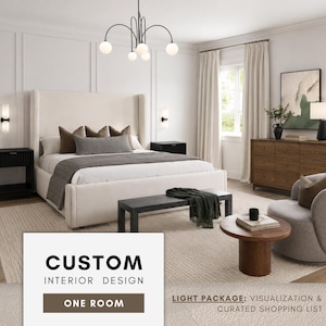 May include: A bedroom interior design featuring a large bed with a cream-colored headboard, a dark bench, and a round wooden side table. The room has a neutral color palette with a modern chandelier and a dresser.