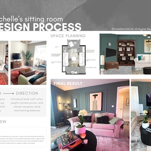 K&ouml;nnte beinhalten: Ein Design-Prozess-Board mit dem Titel Michelle's sitting room DESIGN PROCESS, das Vorher-Nachher-Fotos eines Wohnzimmers, einen Grundriss zur Raumplanung und eine Kundenbewertung zeigt. Das Layout pr&auml;sentiert Innenraumgestaltungen.