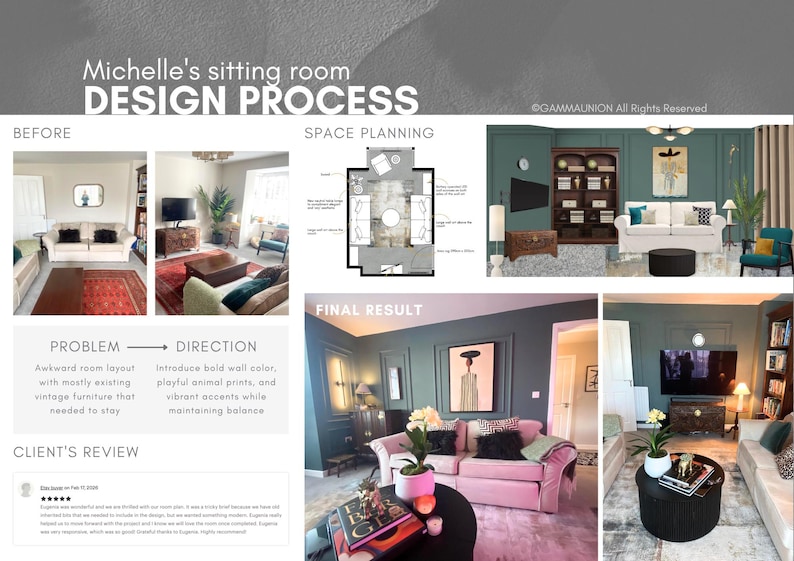 K&ouml;nnte beinhalten: Ein Design-Prozess-Board mit dem Titel Michelle's sitting room DESIGN PROCESS, das Vorher-Nachher-Fotos eines Wohnzimmers, einen Grundriss zur Raumplanung und eine Kundenbewertung zeigt. Das Layout pr&auml;sentiert Innenraumgestaltungen.