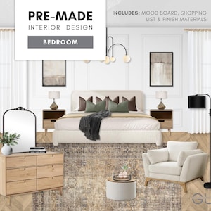 Dormitorio principal prediseñado: Diseño interior acogedor de transición: tablero de inspiración estética, lista de compras seleccionada y materiales de acabado económicos