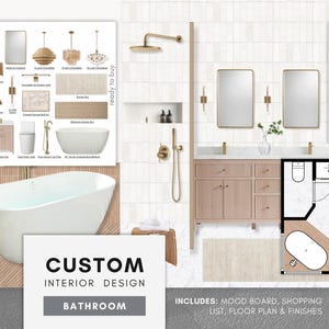Diseño de interiores personalizado - BAÑO - Tablero de inspiración, lista de compras, plano de planta y materiales de acabado - Servicio virtual de diseño de interiores