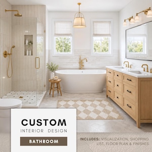 May include: A bathroom interior design featuring a white freestanding bathtub, a light wood double vanity with black hardware, a glass-enclosed shower with gold fixtures, and a checkered rug. Text reads: CUSTOM INTERIOR DESIGN BATHROOM.