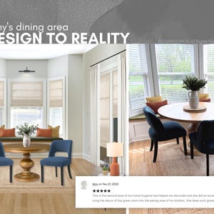 K&ouml;nnte beinhalten: Ein Essbereich mit einem runden Holztisch auf einem Sockel, zwei marineblauen Polsterst&uuml;hlen und einer Fensterbank mit orangefarbenen und gelben Kissen. Der Text lautet: Amy's dining area DESIGN TO REALITY und eine F&uuml;nf-Sterne-Bewertung von Azzy.