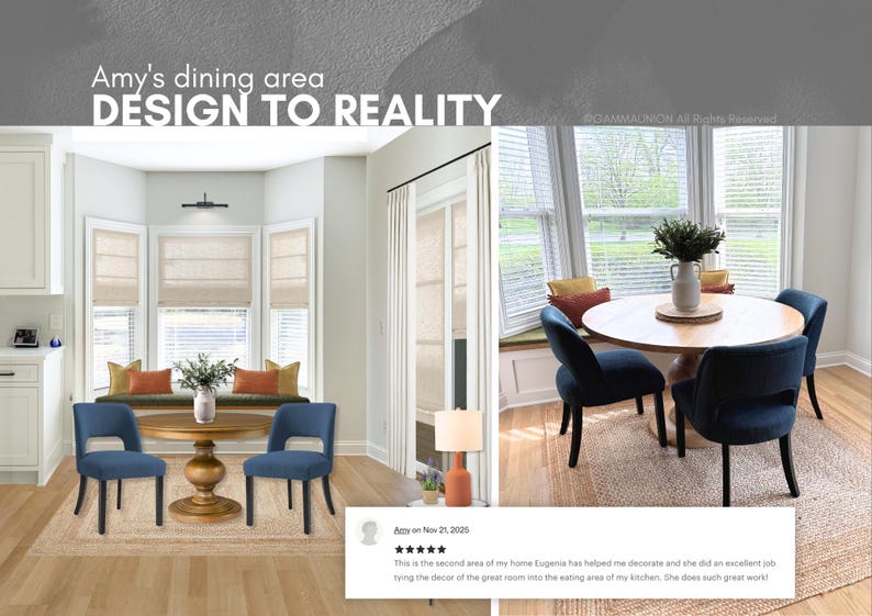K&ouml;nnte beinhalten: Ein Essbereich mit einem runden Holztisch auf einem Sockel, zwei marineblauen Polsterst&uuml;hlen und einer Fensterbank mit orangefarbenen und gelben Kissen. Der Text lautet: Amy's dining area DESIGN TO REALITY und eine F&uuml;nf-Sterne-Bewertung von Azzy.