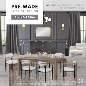 Comedor prediseñado con un toque de atmósfera: Diseño de interiores clásico moderno: tablero de inspiración estético, lista de compras seleccionada y materiales de acabado asequibles.