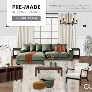 Sala de estar prediseñada: Diseño interior moderno y terroso: tablero de inspiración estética, lista de compras seleccionada y materiales de acabado económicos.