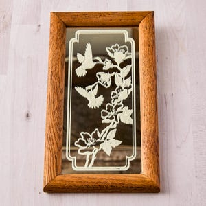 Vintage Hummingbird Etched Mirror: Oak Wood Frame, Floral Wall Decor