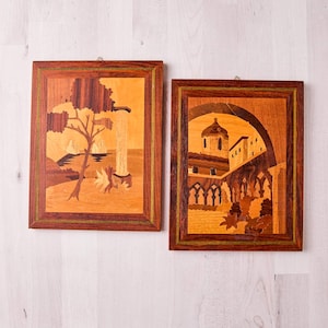 Vintage Italian Inlaid Wood Marquetry Wall Art - Ready to Hang