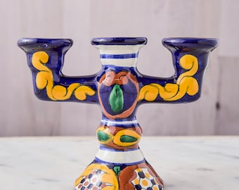 Vintage Talavera Candelabra: Hand-Painted Mexican Ceramic Candle Holder