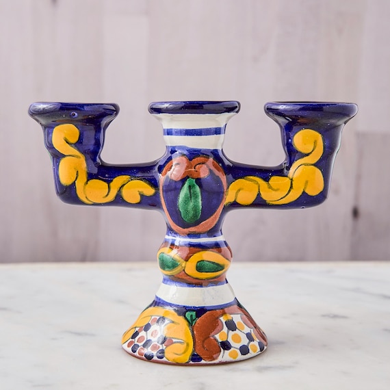 Vintage Talavera Candelabra: Hand-Painted Mexican Ceramic Candle Holder