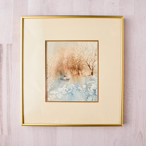 Mid-Century Gouache Watercolor Painting: Winter Asian Countryside Scene, Framed & Signed