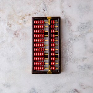Vintage Chinese Wood and Brass Abacus: 11 Column, Red Wooden Beads