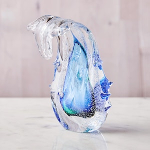 Blown Art Glass Wave, Hand Sculpted Glass, Artist Signed, Blue Green Ocean, Glass Wave Paperweight