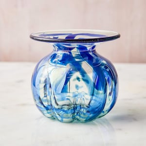 Art Glass Blue Swirl Vase, Hand Blown Glass, Artist Signed, Art Glass Bud Vase, Round Pleated Glass Vase