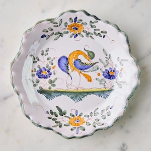 Vintage French Bird Plate with Yellow and Blue Florals, Handpainted, Jorda Martres Signed, Martres Tolosane Pottery