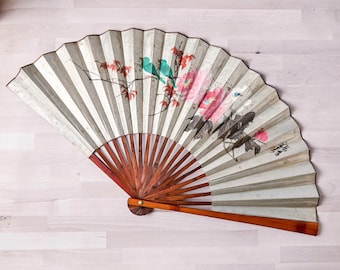Large Hand-Painted Paper Fan Wall Art: Chinese Birds & Flowers, Bamboo, Artist Signed