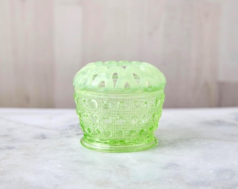 Imperial Glass Green Uranium Rose Bowl: Glows, Open Lace Edge, Button Cane Pattern