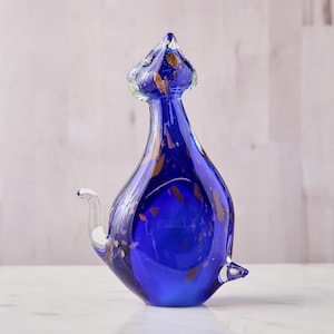 Vintage Murano Art Glass Cat Figurine: Cobalt Blue & Gold Flecks