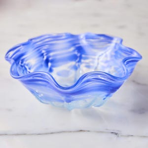 Blue Art Glass Wavy Bowl: Hand Blown Periwinkle Seashell Dish