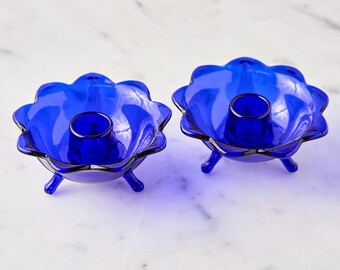 Fenton Cobalt Blue Candle Holders: Lotus Flower Design, Set of 2