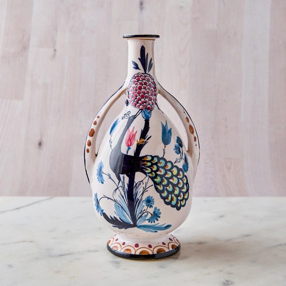 Rare 1900s Faenza Ceramic Liquor Bottle: Luxardo Zara Peacock Vase