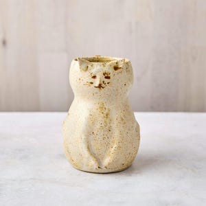 May include: A cream-colored ceramic mug shaped like a cat, featuring a speckled texture, pointed ears, and a hand-painted face with eyes, a nose, and whiskers. The vessel has a rounded body and a wide opening at the top, showcasing a rustic finish.