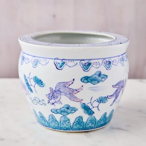 Vintage Chinese Fish Bowl Planter, Porcelain Flower Pot, Pink Goldfish Design