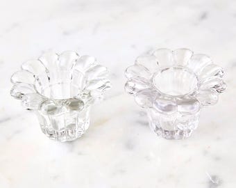 Vintage Crystal Glass Flower Taper Candle Holders: Set of 2