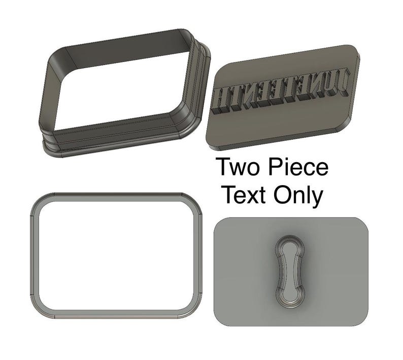 May include: Two-piece cookie cutter set for making cookies with the text "JUNETEENTH". The set includes a rectangular cutter and a separate cutter for the text.