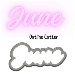 May include: A silver metal cookie cutter in the shape of the word "June" in a cursive font. The cutter is designed to be used for making cookies, fondant, or other edible decorations.