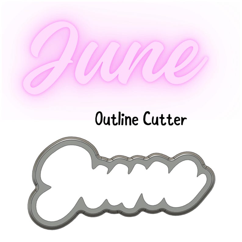 May include: A silver metal cookie cutter in the shape of the word "June" in a cursive font. The cutter is designed to be used for making cookies, fondant, or other edible decorations.