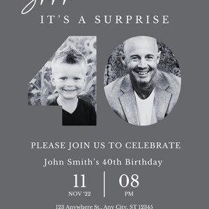 40th birthday invitation for men with photo, Its a surprise, 40th Birthday Invitation Template, Surprise 40th Invitation, Editable Printable