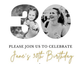 May include: A black and white birthday invitation with a gold script font. The invitation says "Shhh... It's a surprise" and features a photo of a woman and a child. The invitation is for Jane's 30th birthday on November 11th at 8:00 PM. The address is 123 Anywhere St., Any City, ST 12345. The RSVP information is "Please RSVP: John at 123-123-4567."