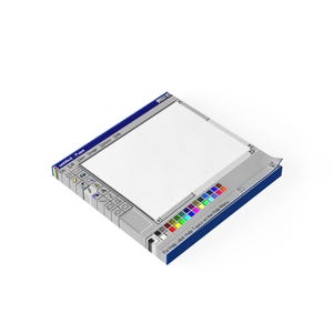 Op de afbeelding: Een vierkant object met een ontwerp dat doet denken aan het Windows Paint-programma. Het heeft een blauwe rand, een wit canvas en een werkbalk met pictogrammen. De tekst "untitled Paint" is zichtbaar. Er is ook een kleurenpalet aanwezig.