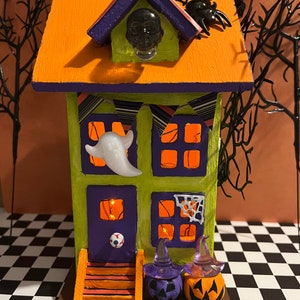 Seasonal Halloween Haunted House (OOAK) Wood & Lighted. Bats, Spiders and Spider Webs. Skull and Ghost. Fall Decor. Black Cat. Miniature.