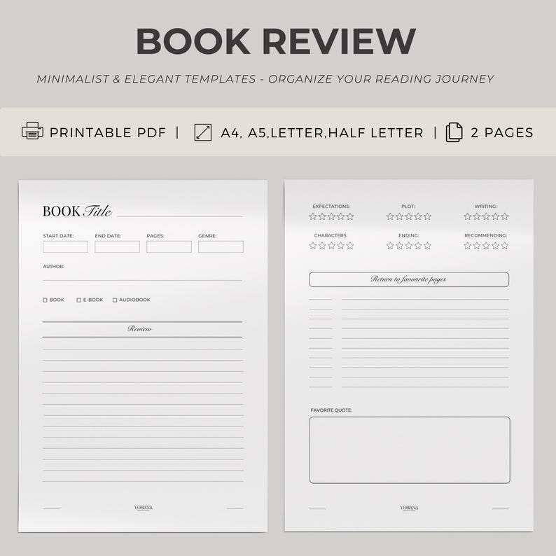 Printable Book Review Templates, A4 A5 Letter Half Letter, Reading ...