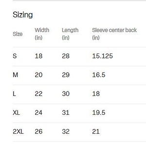 May include: Sizing chart for a shirt with measurements in inches for width, length, and sleeve centre back. Sizes include S, M, L, XL, and 2XL.