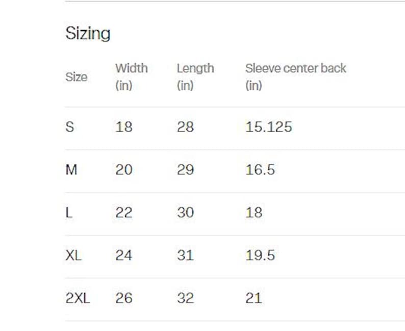 May include: Sizing chart for a shirt with measurements in inches for width, length, and sleeve centre back. Sizes include S, M, L, XL, and 2XL.