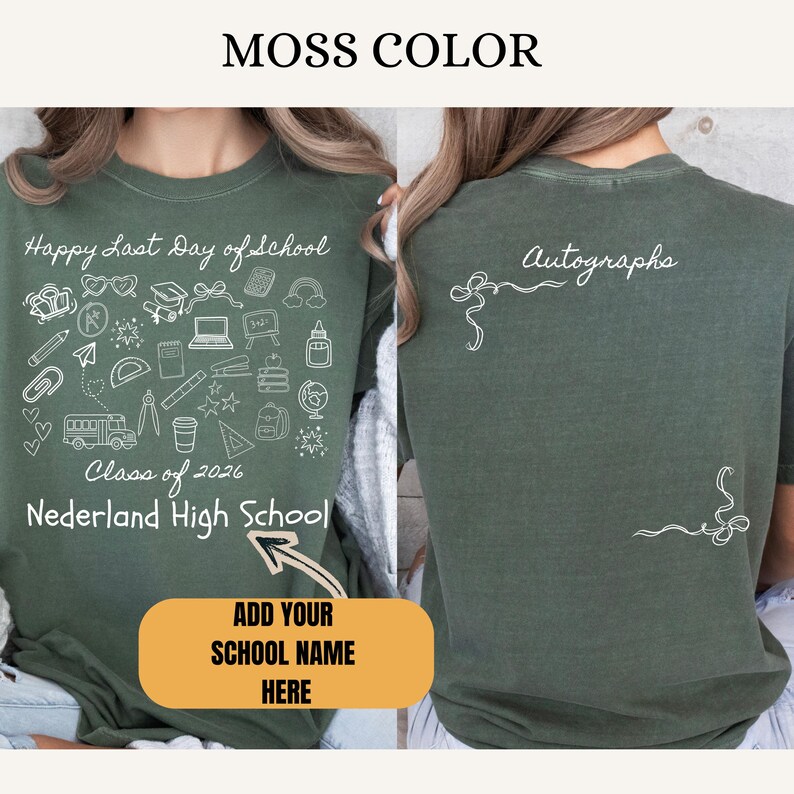 Blue comfort colors style t-shirt with white school-themed doodles