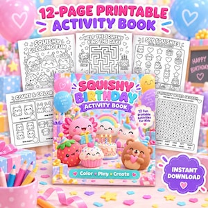 Puede incluir: Un libro de actividades imprimible de 12 páginas con una portada colorida que muestra personajes de dibujos animados como un ajolote, una fresa, un cupcake y un oso. Las páginas incluyen colorear, un laberinto, juegos y ejercicios.