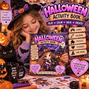 Könnte beinhalten: Ein Halloween-Aktivitätsbuch mit einer Cartoon-Illustration eines Mädchens mit Hexenhut und einer schwarzen Katze. Das Cover enthält den Text Halloween Activity Book, Play, Color, Solve, Create und A Spooktacular Activity Book For Creative Kids.