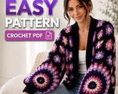 Crochet Cardigan Pattern PDF | Granny Square Cardigan | Petal Burst Sweater Pattern | Chunky Crochet Cardigan | Instant Download
