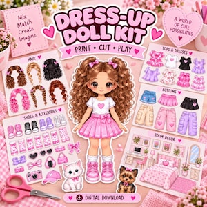 Puede incluir: Un kit de muñeca para vestir en descarga digital con una muñeca central ilustrada de pelo largo castaño rizado, camiseta blanca con corazón rosa y falda rosa. Incluye láminas de pelo, ropa, zapatos, accesorios, gatito, perrito y decoración.
